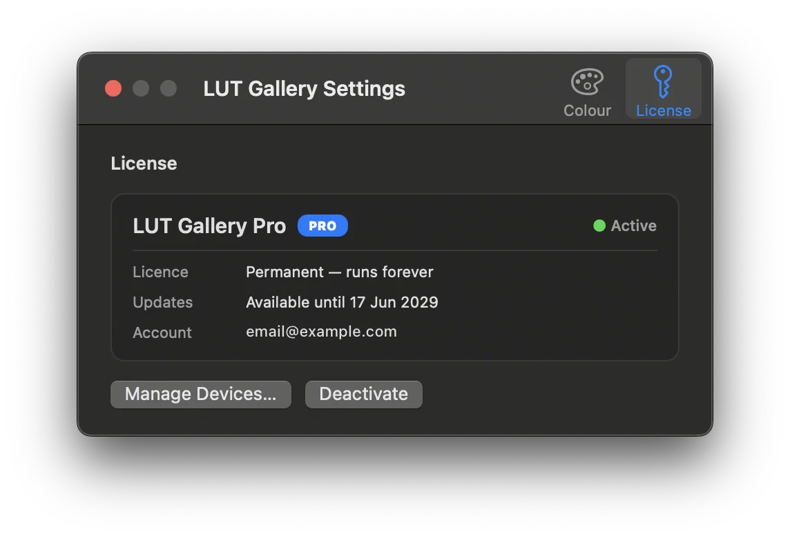 The License pane in Settings